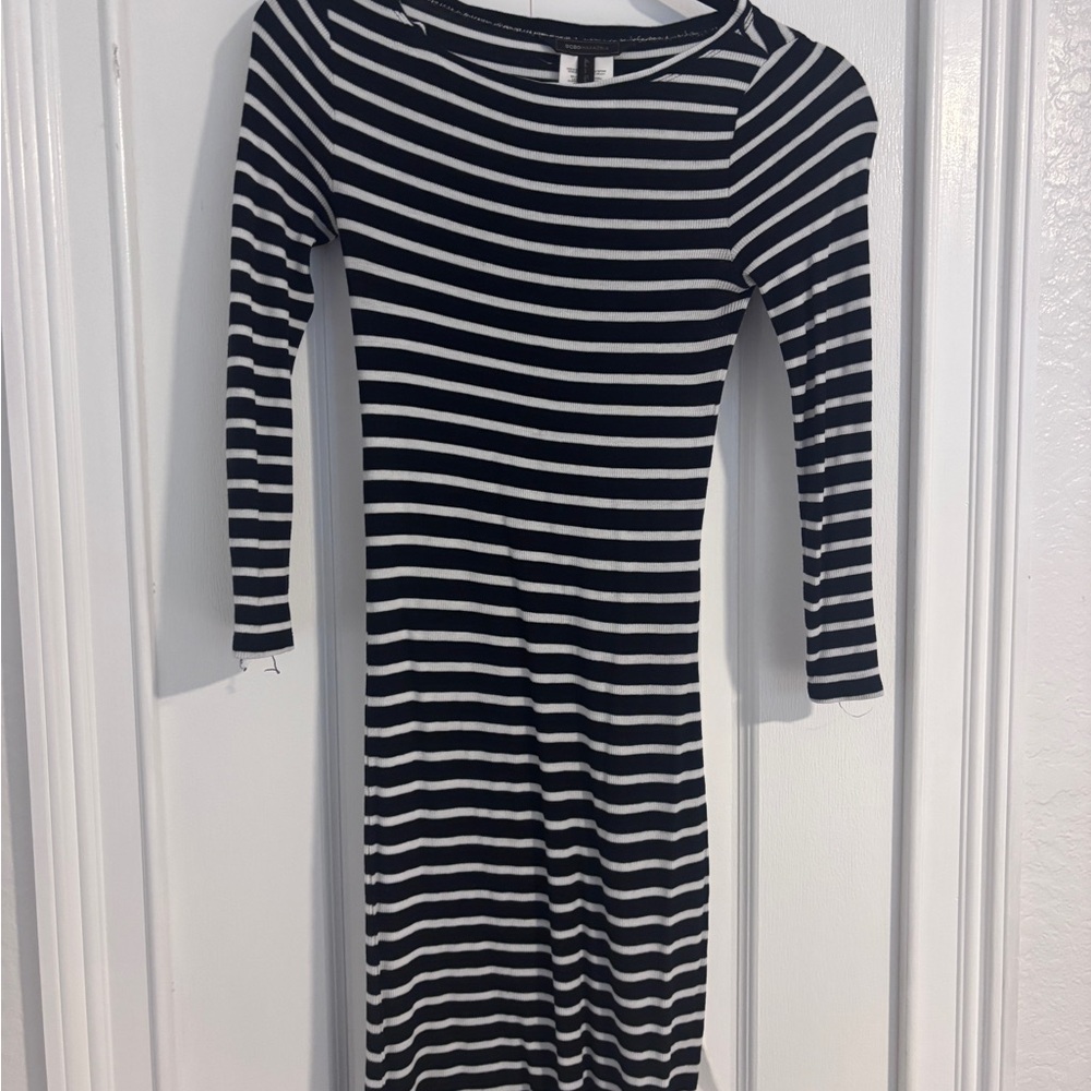 BCBGMaxAzria Black and White Striped Long Sleeve Dress